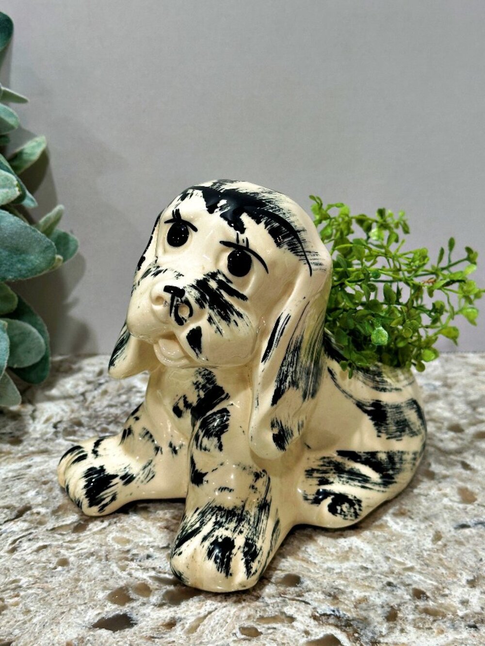 Vintage MCM Cocker Spaniel Dog Ceramic Planter White w Black Brushstrokes 7 Inch